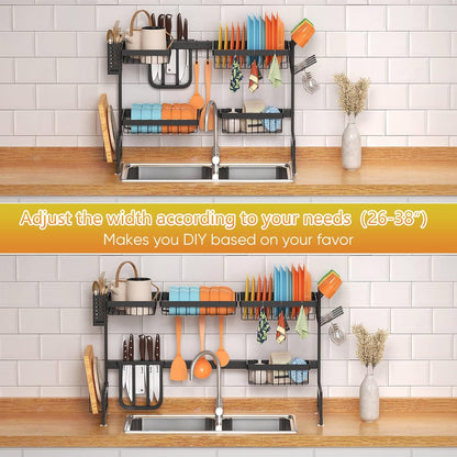 PUSDON Over the Sink Dish Drying Rack, 2 Tier Adjustable Large Capacity Stainless Steel Dish Rack for Kitchen Counter, Heavy Duty Space Saver Organizer with Utensil Holder, Black