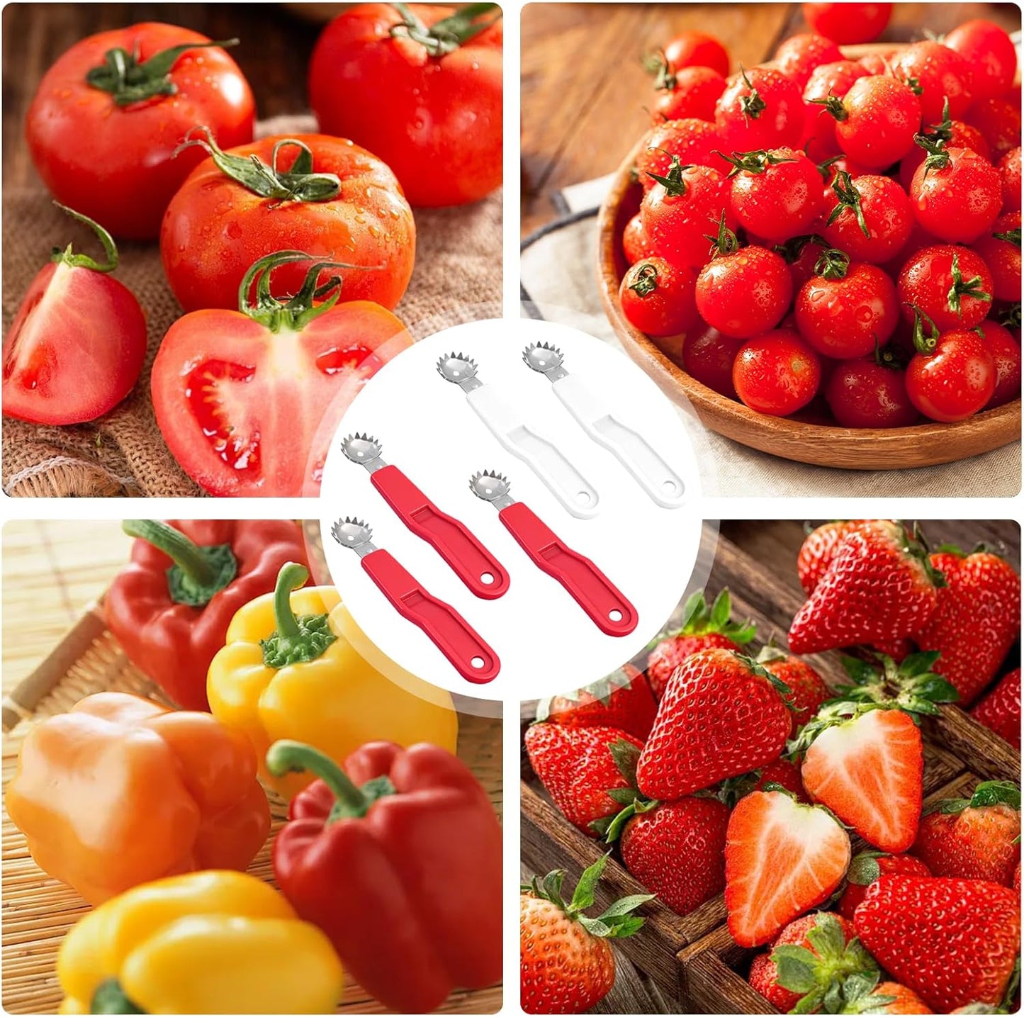5 Pcs Tomato Corer Tool Strawberry Huller Stem Remover, Handle with hole, Stainless Steel, Fruit Corer Tool for Tomato Strawberry (Red+White)