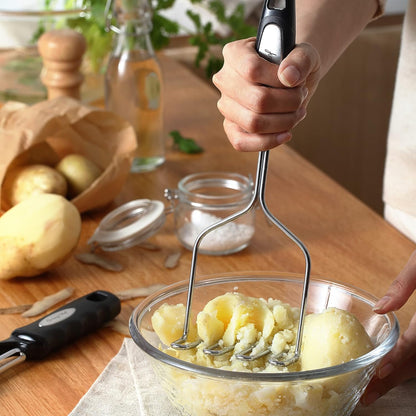 Spring Chef Stainless Steel Premium Vegetable Peeler with Potato Masher, Soft Grip Handle Metal Food Peeler and Masher for Fruit & Vegetables