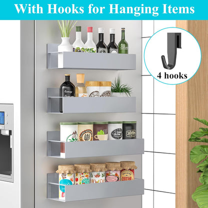 HuggieGems Metal 4 Pack Magnetic Spice Storage Rack Organizer for Refrigerator and Oven, Black Fridge Organizers and Storage, Metal