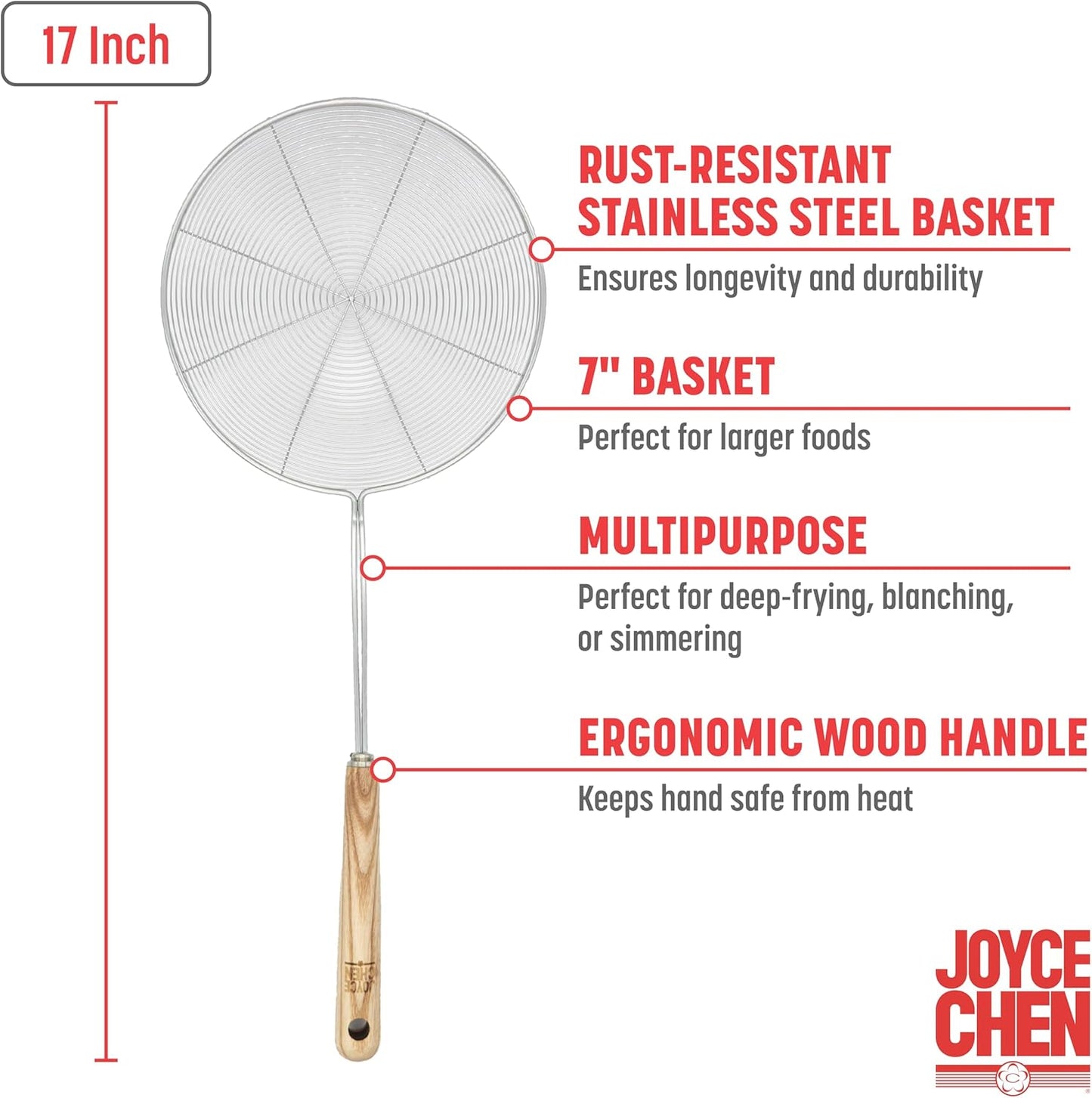 Joyce Chen Kitchen Spider Strainer Stainless Steel 5-Inch Wire Basket with Heat-Resistant Bamboo Handle