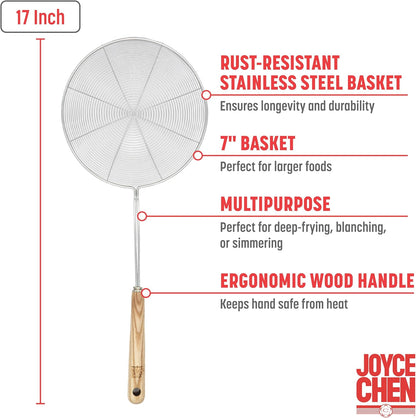 Joyce Chen Kitchen Spider Strainer Stainless Steel 5-Inch Wire Basket with Heat-Resistant Bamboo Handle