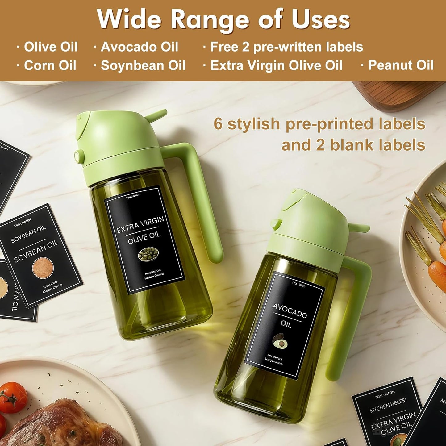 Poshetion 2 in 1 Olive Oil Sprayer for Cooking, 16oz Light-Proof Oil Dispenser for Kitchen, Leak-Proof Oil Spray Bottle for Air Fryer, Salad, BBQ, Baking, Grilling - Black & Green