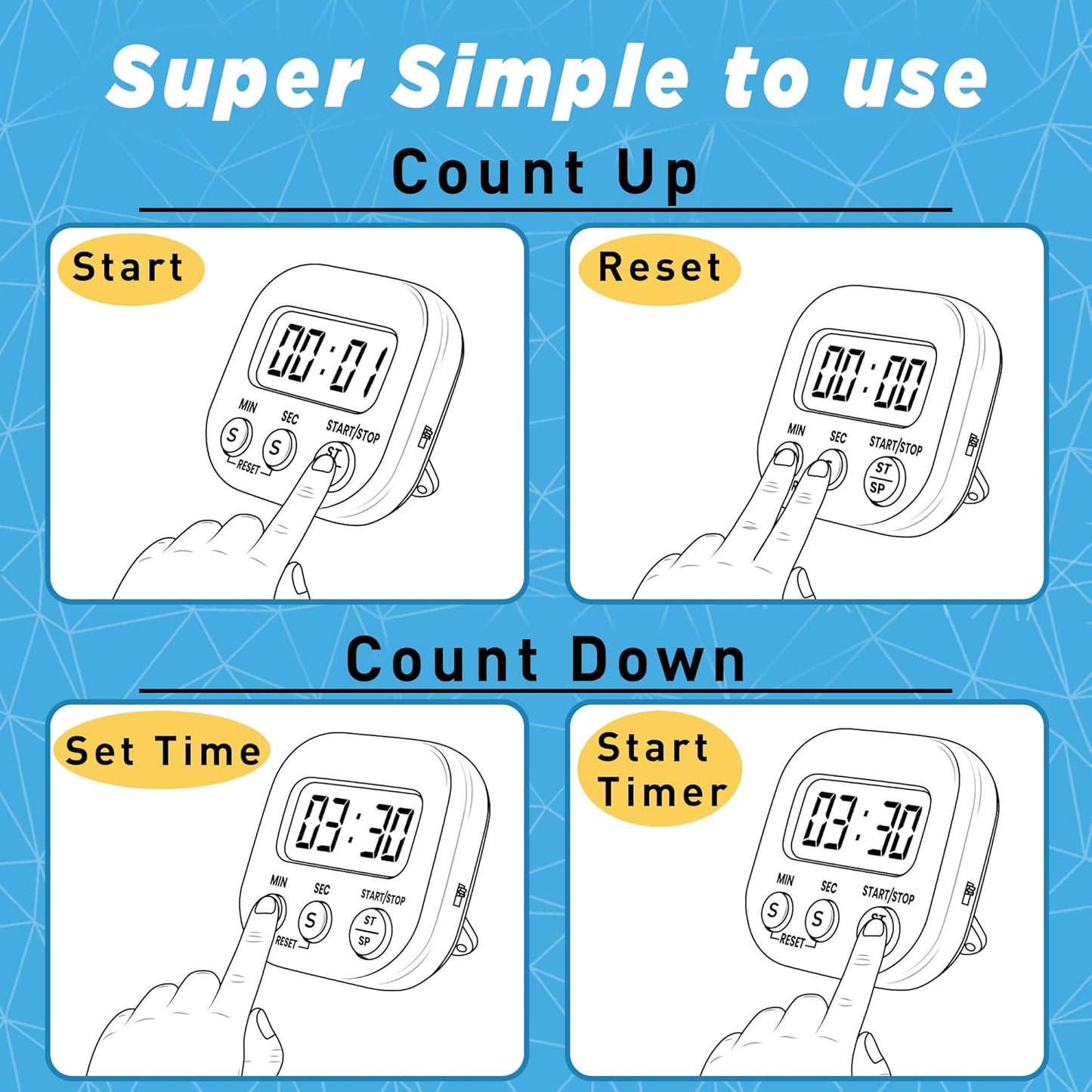 Kitchen Timers for Cooking and Baking with Big Digital Numbers and Loud Alarm Used in Cooking, Classroom, and Office.
