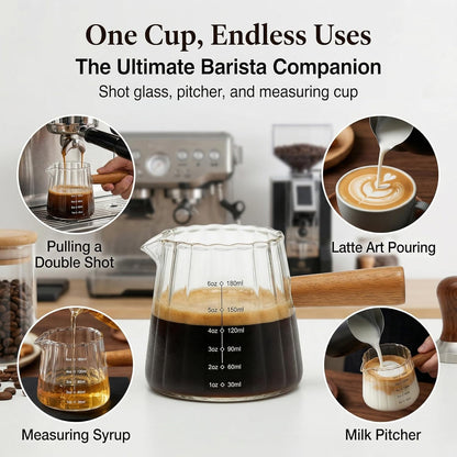 6 oz Espresso Cups With Wood Handle, Espresso Accessories, Ribbed Milk Frothing Pitcher, Glass Measuring Cup, Shot Glass with V-Shaped Mouth, Coffee Bar Epresso Shots Cup
