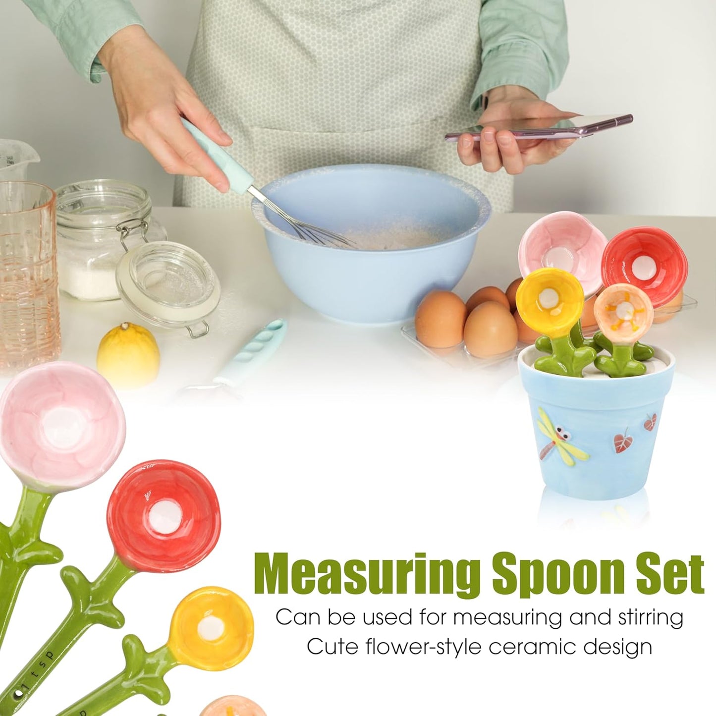 Flower Pot Measuring Spoons Set, Ceramic Baking Cup with Base Stand Holder, Decorative Cute Figurine for Dry & Wet Ingredients, Kitchen, Home & Gift - 1 Tbsp, 1 Tsp, 1/2 Tsp, 1/4 Tsp, Dishwasher Safe
