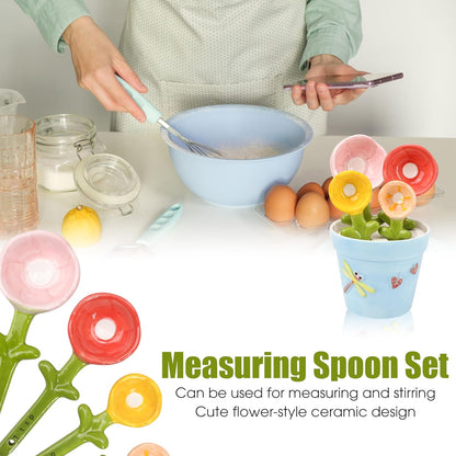 Flower Pot Measuring Spoons Set, Ceramic Baking Cup with Base Stand Holder, Decorative Cute Figurine for Dry & Wet Ingredients, Kitchen, Home & Gift - 1 Tbsp, 1 Tsp, 1/2 Tsp, 1/4 Tsp, Dishwasher Safe