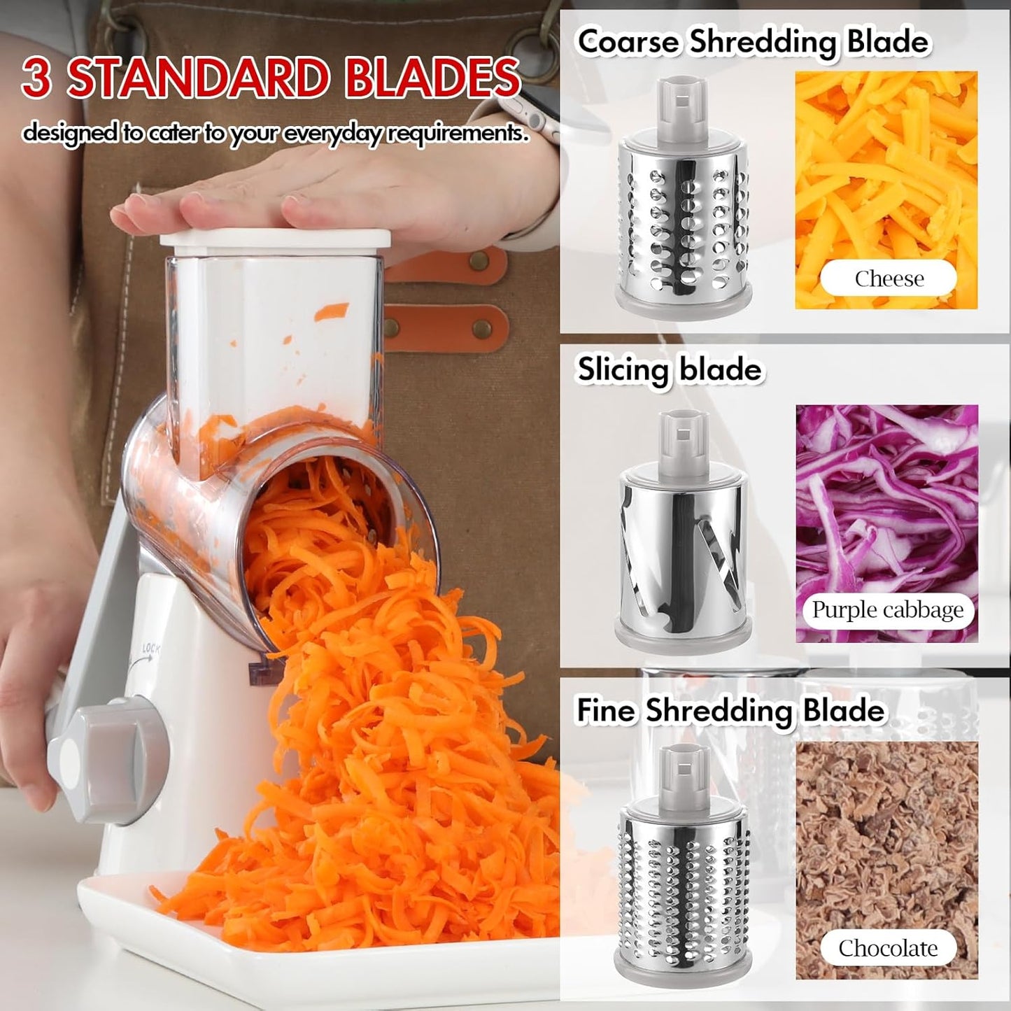 Ourokhome Rotary Cheese Grater Hand Crank, Kitchen Shredder Speed Mandolin Slicer Nut Grinder with Handle and Drum Blades for Cheese, Vegetable, Walnut, Chocolate, Potato, Carrot, 3 Blades, Dark Blue