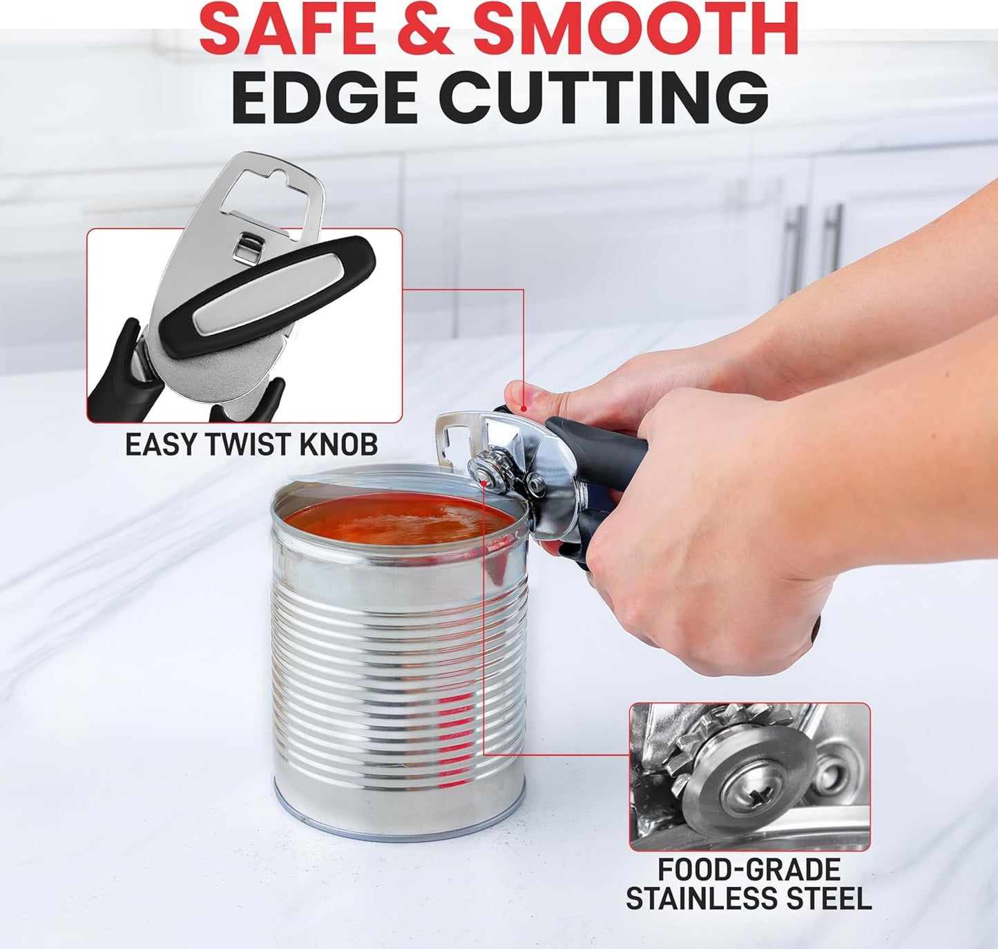 Zulay Kitchen Can Opener with Large Bottle Opener - Heavy Duty Stainless Steel Manual Can Opener with Turn Knob and Soft Grip Handles - Black