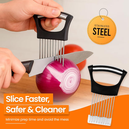 Onion Holder for Slicing (2 Pack) - Stainless Steel Vegetable Slicer Guide, Tomato/Potato/Lemon/Meat Holder - Safe, Even Cuts Kitchen Gadget