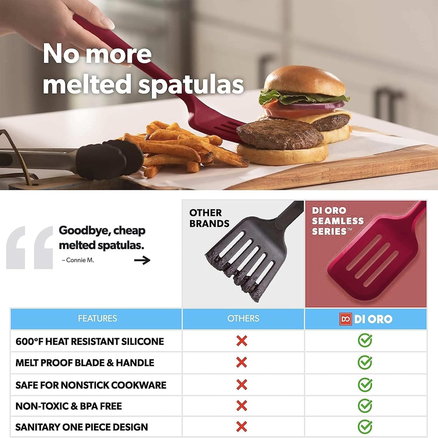 New DI ORO Seamless Series Moda 4-Piece Silicone Turner Spatula Set - 600°F Heat-Resistant Flexible Kitchen Spatulas for Nonstick Cookware - Flippers for Eggs & Pancakes - Utensils for Cooking (Stone)