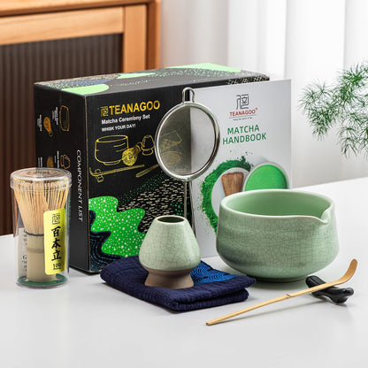 TEANAGOO Matcha Whisk Set, 7 Pcs Matcha Set Blue, Matcha Kit for Ceremony, Matcha Tea Set for Making Breakfast/Latte, Ceramic Matcha Bowl(chawan) whith Spout and Whisk, Gift for Friend/Family
