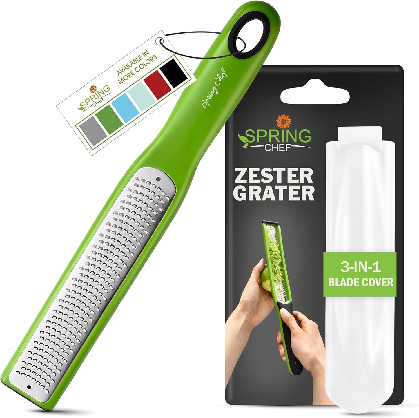 Spring Chef Premium Lemon Zester Grater with Handle - Fruits, Garlic, Chocolate, Nutmeg, Ginger Grater - Heavy Duty Kitchen Tool - Stainless Steel Citrus Zester with Blade Cover - Fine Shred, Black