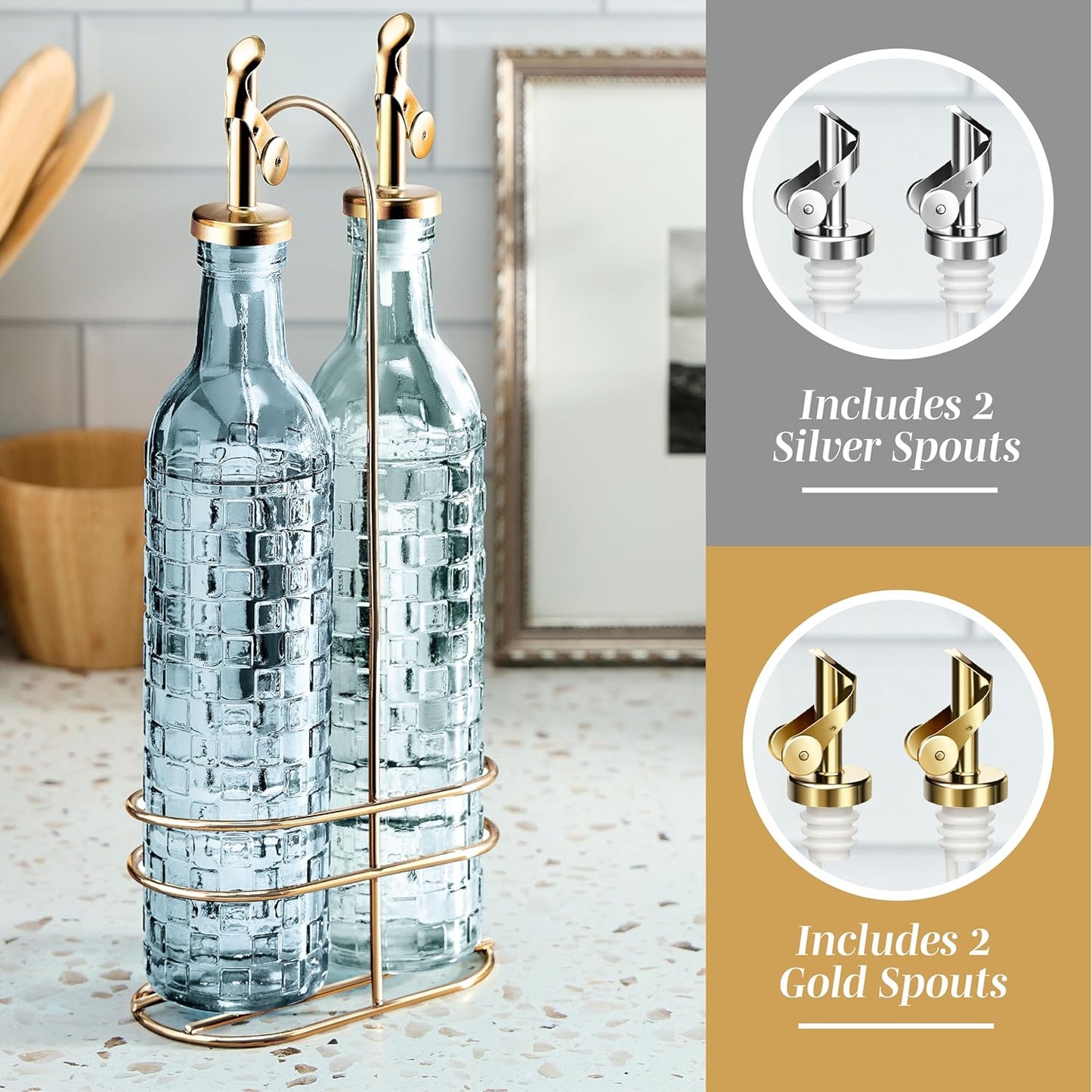 COOK WITH COLOR Glass Olive Oil Bottle Dispenser - 2 Pack- 17oz Oil and Vinegar Cruet - Olive Oil Carafe Decanter for Kitchen, Elegant Waves, Clear
