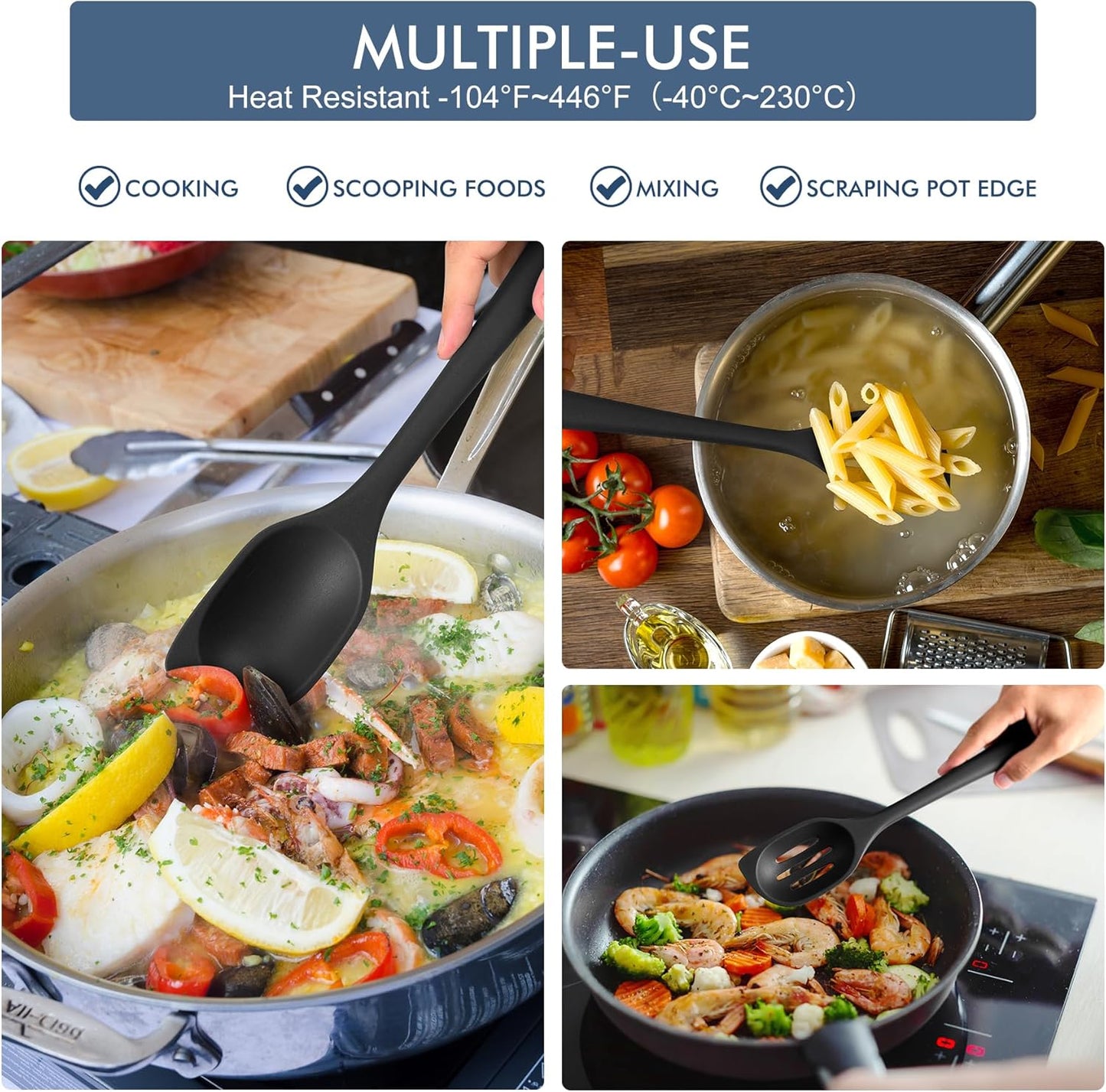 HOTEC 446°F Heat Resistant Silicone Cooking Spoon Spatula, BPA Free Large Kitchen Solid and Slotted Spoons for Mixing, Serving, Scraping, Non-stick, Dishwasher Safe Classic Blue 12.5inch