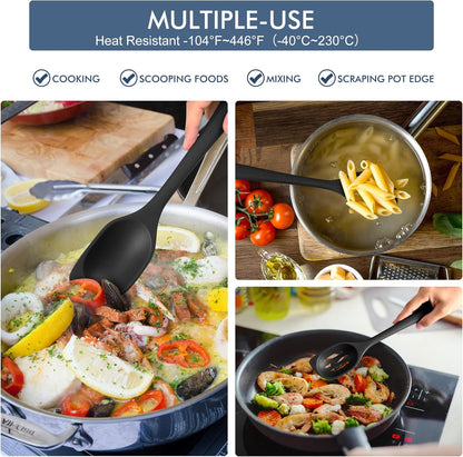 HOTEC 446°F Heat Resistant Silicone Cooking Spoon Spatula, BPA Free Large Kitchen Solid and Slotted Spoons for Mixing, Serving, Scraping, Non-stick, Dishwasher Safe Classic Blue 12.5inch