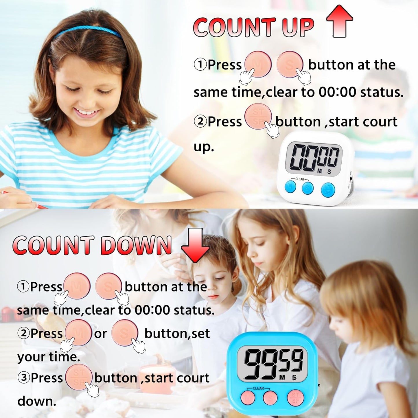 Timer for Kids Teachers Supplies Digital Kitchen Timers for Cooking Large Magnetic Classroom Timer 2Pack-Blue Green