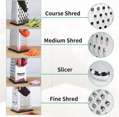 Cheese Grater with Wood Handle, Size 4-Sided Stainless Steel Box Grater, Food Shredder for Cheese, Parmesan, Vegetable, Dishwasher Safe, Black