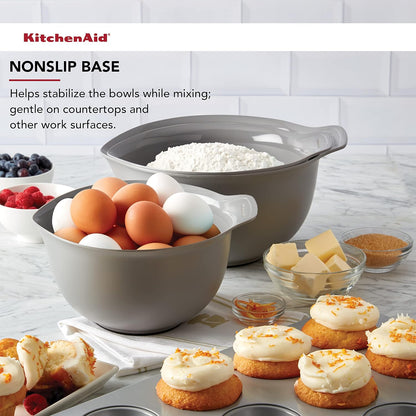 KitchenAid Universal Nesting Plastic Mixing Bowls, Set Of 3, 2.5 quart, 3.5 quart, 4.5 quart, Non Slip Base with Easy Pour Spout to Reduce Mess, Dishwasher Safe, Aqua Sky, White, Gray