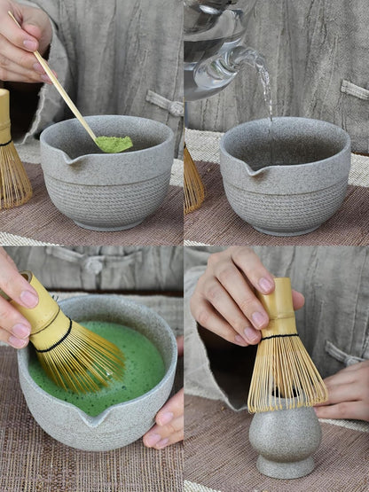 Artcome 4 Pcs Complete Matcha Ceremony Kit - Japanese Bowl With Pouring Spout, Whisk, Holder, Scoop - Tea Set for Making Usucha, Koicha and Latte (Green)