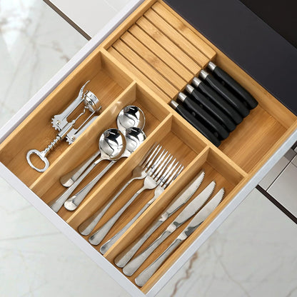 VaeFae Bamboo Silverware Drawer Organizer Kitchen, Expandable Utensil Organizer with Knife Block, Cutlery Tray with Divider, Multifunctional Drawer Organizer (Black)