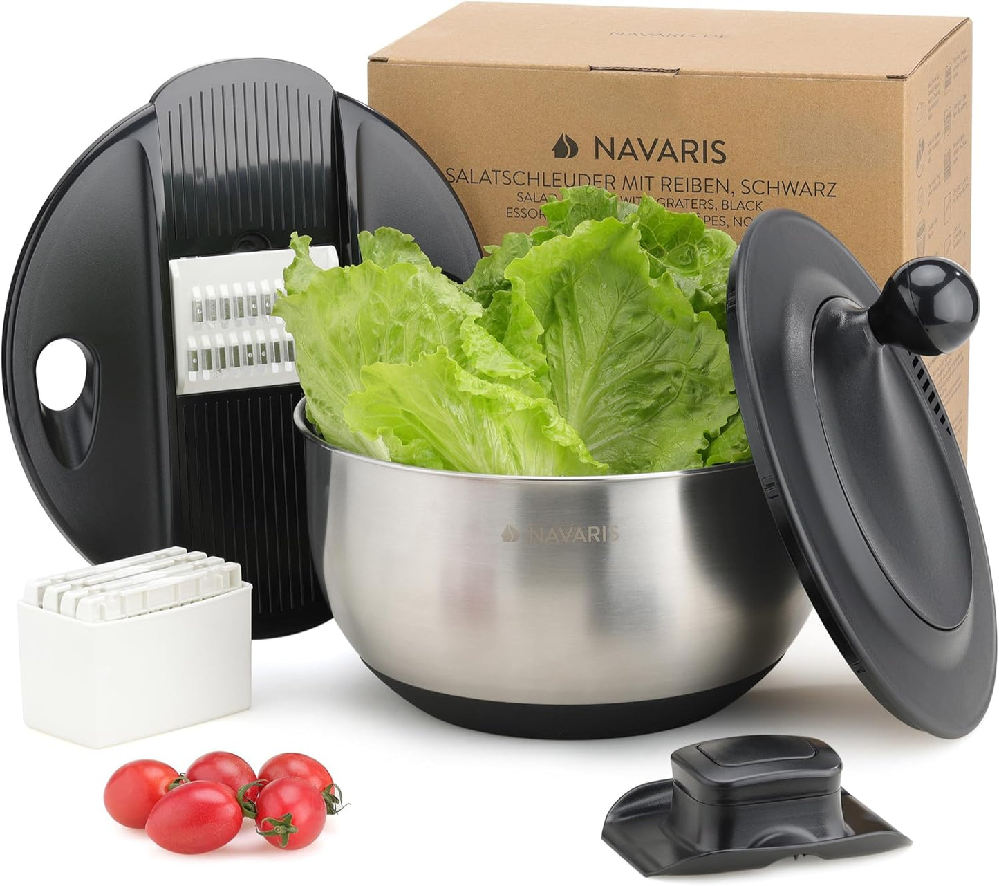 Navaris Salad Spinner with Storage Lid - Durable Stainless Steel Vegetable & Lettuce Dryer Set - Non-Slip Silicone Base - Includes Plastic Colander and Extra Storage Lid - Black