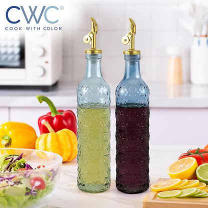 COOK WITH COLOR Glass Olive Oil Bottle Dispenser - 2 Pack- 17oz Oil and Vinegar Cruet - Olive Oil Carafe Decanter for Kitchen, Elegant Waves, Clear