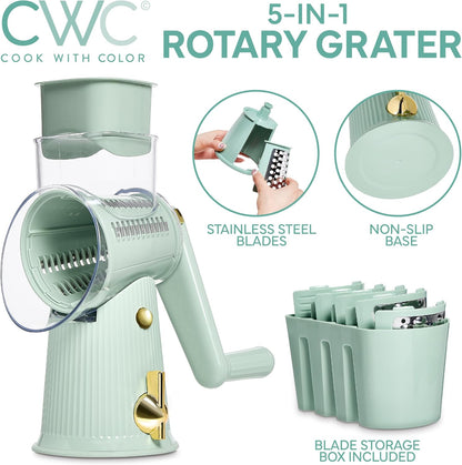 COOK WITH COLOR Rotary Cheese Grater with Handle - Counter Cheese Grater Suction Base with Hand Crank - 5 Blade Cheese Shredder - Easy to Use Manual Vegetable Chopper and Mandolin