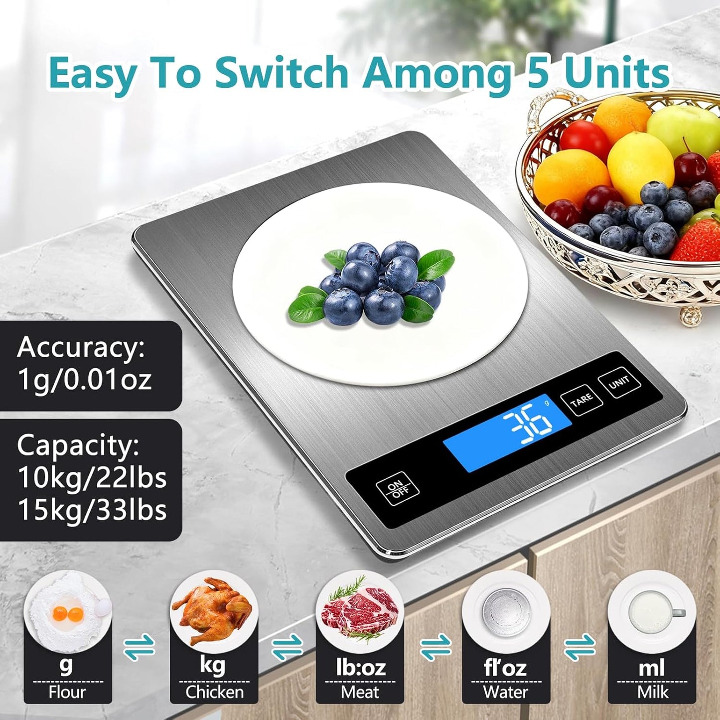Food Kitchen Scale, Digital Food Scale 33lb Digital Kitchen Scale Precisely Measures Grams and Ounces for Meal Prep Baking and Cooking, Rechargeable 304 Stainless Steel Kitchen Scale LCD Display