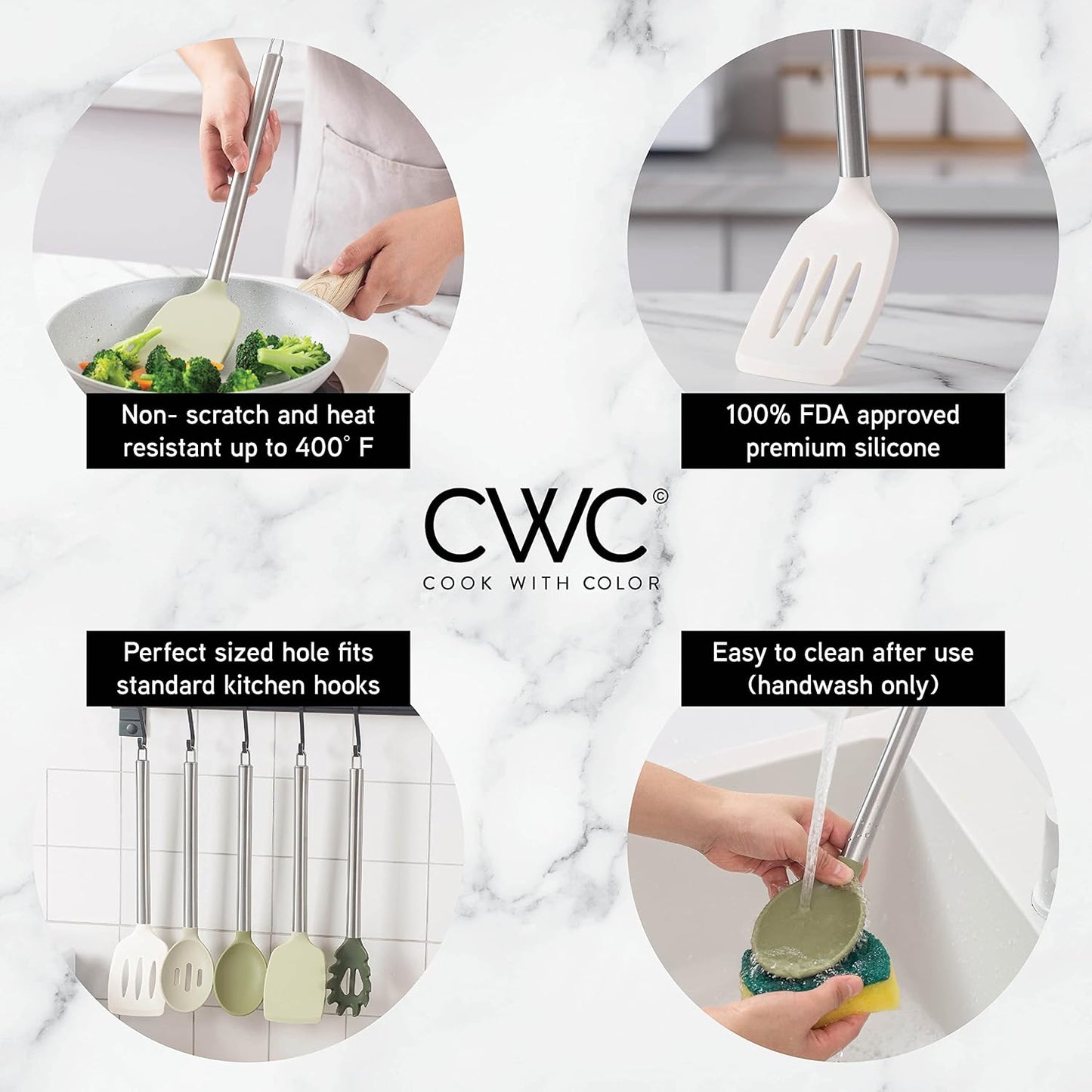 COOK WITH COLOR Silicone Cooking Utensils, Kitchen Utensil Set, Easy to Clean Silicone Kitchen Utensils, Cooking Utensils for Nonstick Cookware, Kitchen Gadgets Set, 10 Pieces, Green