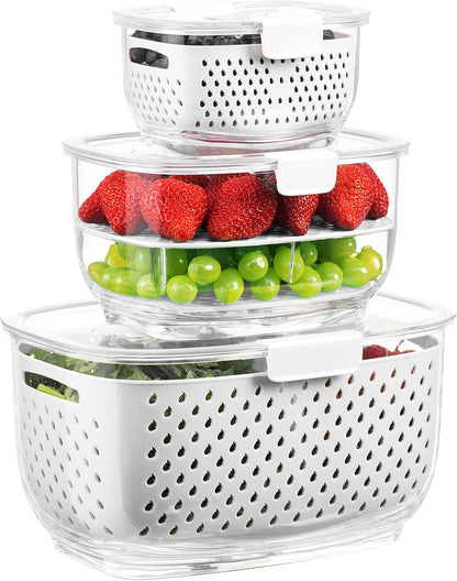 LUXEAR Fresh Produce Vegetable Fruit Storage Containers 3Piece Set, BPA-free Fridge Storage Container, Partitioned Salad Container, Fridge Organizers, Used in Storing Fruits Vegetables, Green