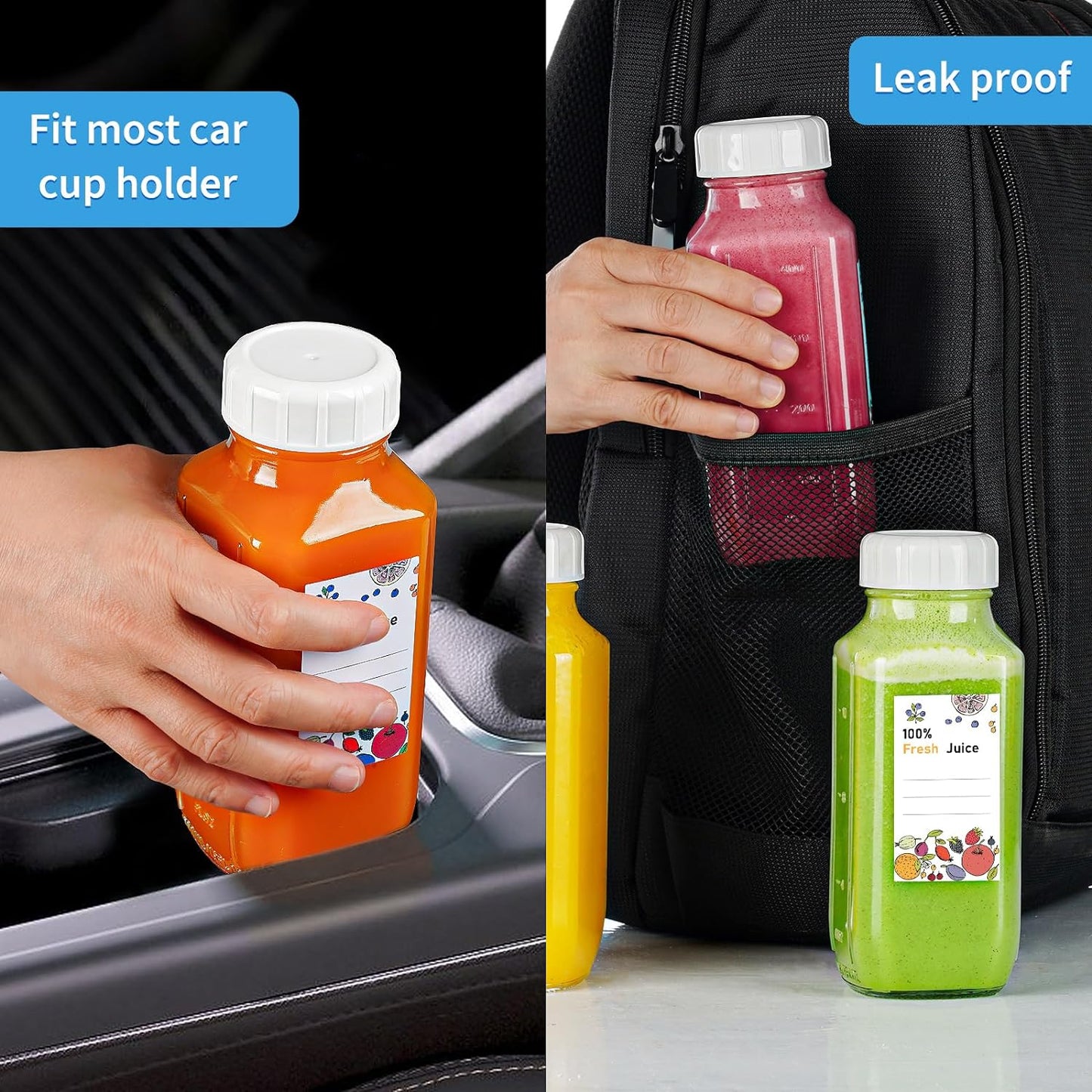 6 Pack 16 Oz Glass Juice Bottles with 2 Pour Spouts, 100% Airtight Heavy Duty SCREW Lid- Reusable Glass Milk Bottles w Scale Mark, Square Drinking Jar Juice Container Breast Milk Pitcher(Extra 2 Lid)