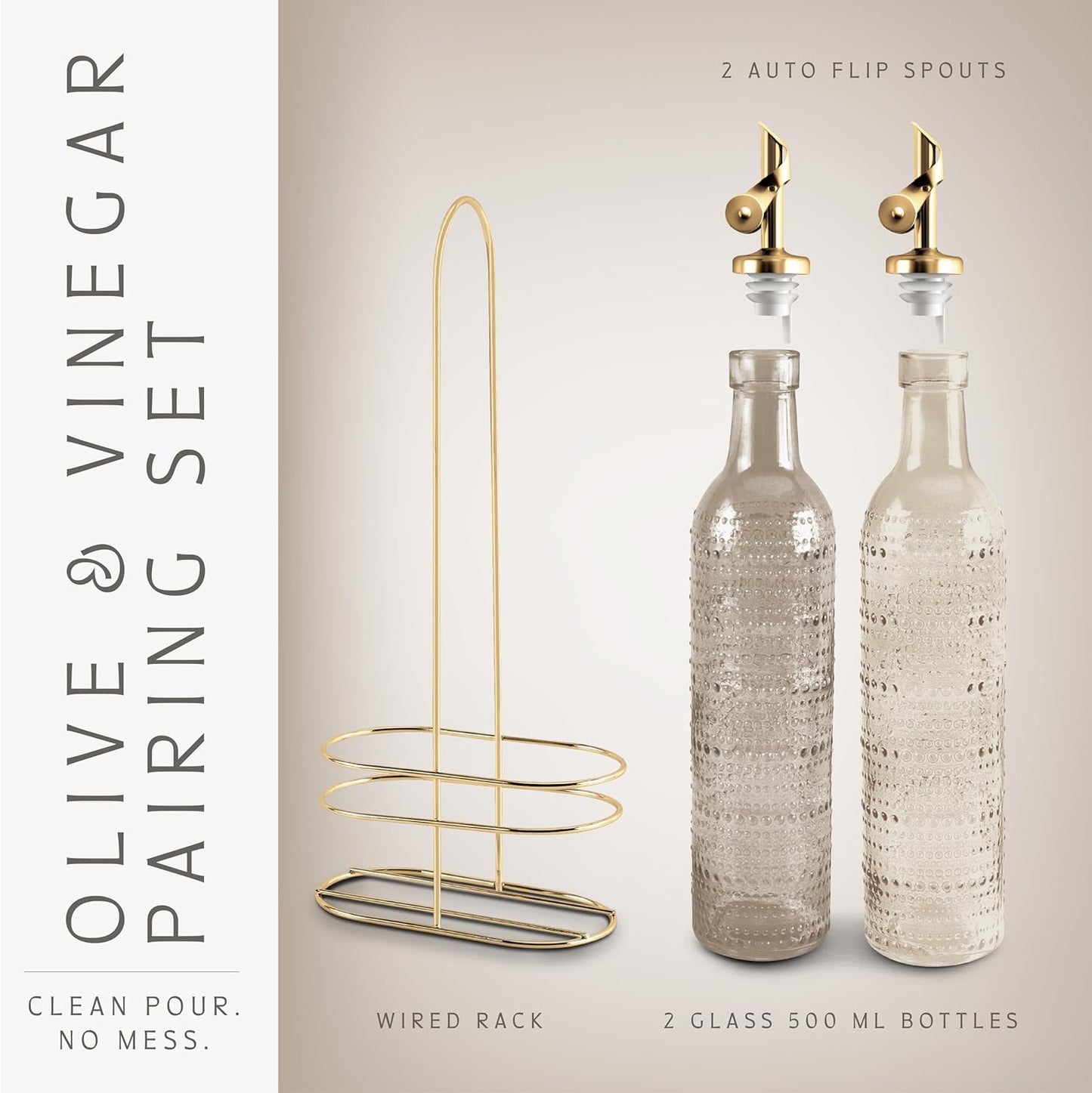 COOK WITH COLOR Glass Olive Oil Bottle Dispenser - 2 Pack- 17oz Oil and Vinegar Cruet - Olive Oil Carafe Decanter for Kitchen, Elegant Waves, Clear