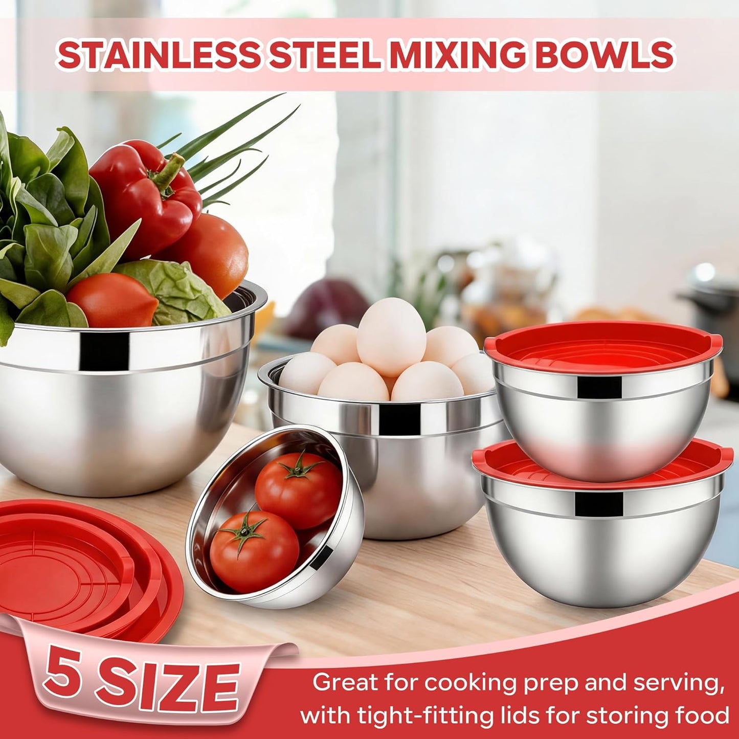 E-far Mixing Bowls with Lids, 6-Piece Stainless Steel Salad Bowls Metal Nesting Bowls for Baking Cooking and Prepping, Airtight Lids & Stackable Design, Size 4.5, 3, 1.5 QT (Black)