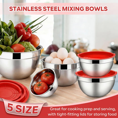 E-far Mixing Bowls with Lids, 6-Piece Stainless Steel Salad Bowls Metal Nesting Bowls for Baking Cooking and Prepping, Airtight Lids & Stackable Design, Size 4.5, 3, 1.5 QT (Black)