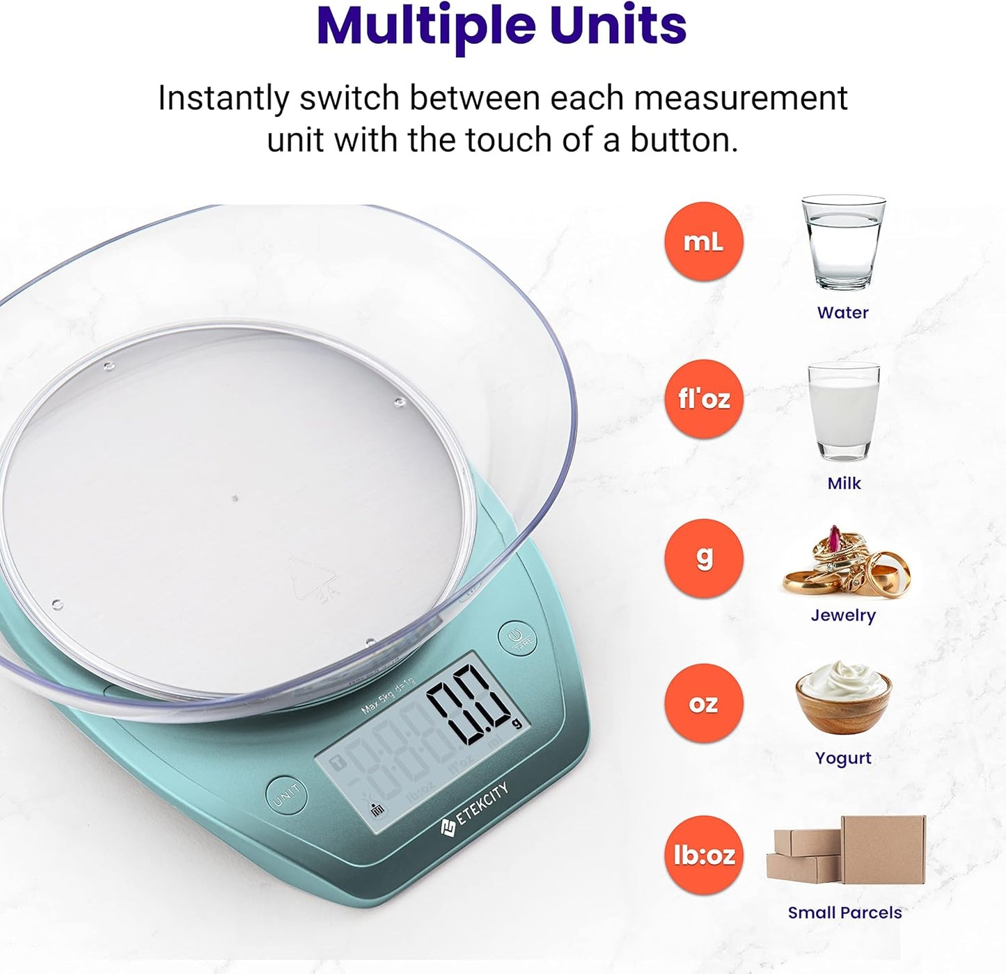 Etekcity 0.1g Food Kitchen Scale, Bowl, Digital Grams and Ounces for Weight Loss, Dieting, Baking, Cooking, and Meal Prep, 11lb/5kg, Stainless Steel Silver