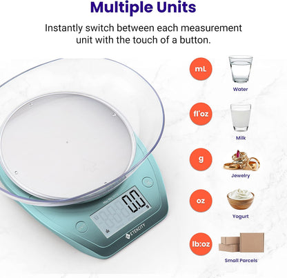Etekcity 0.1g Food Kitchen Scale, Bowl, Digital Grams and Ounces for Weight Loss, Dieting, Baking, Cooking, and Meal Prep, 11lb/5kg, Stainless Steel Silver