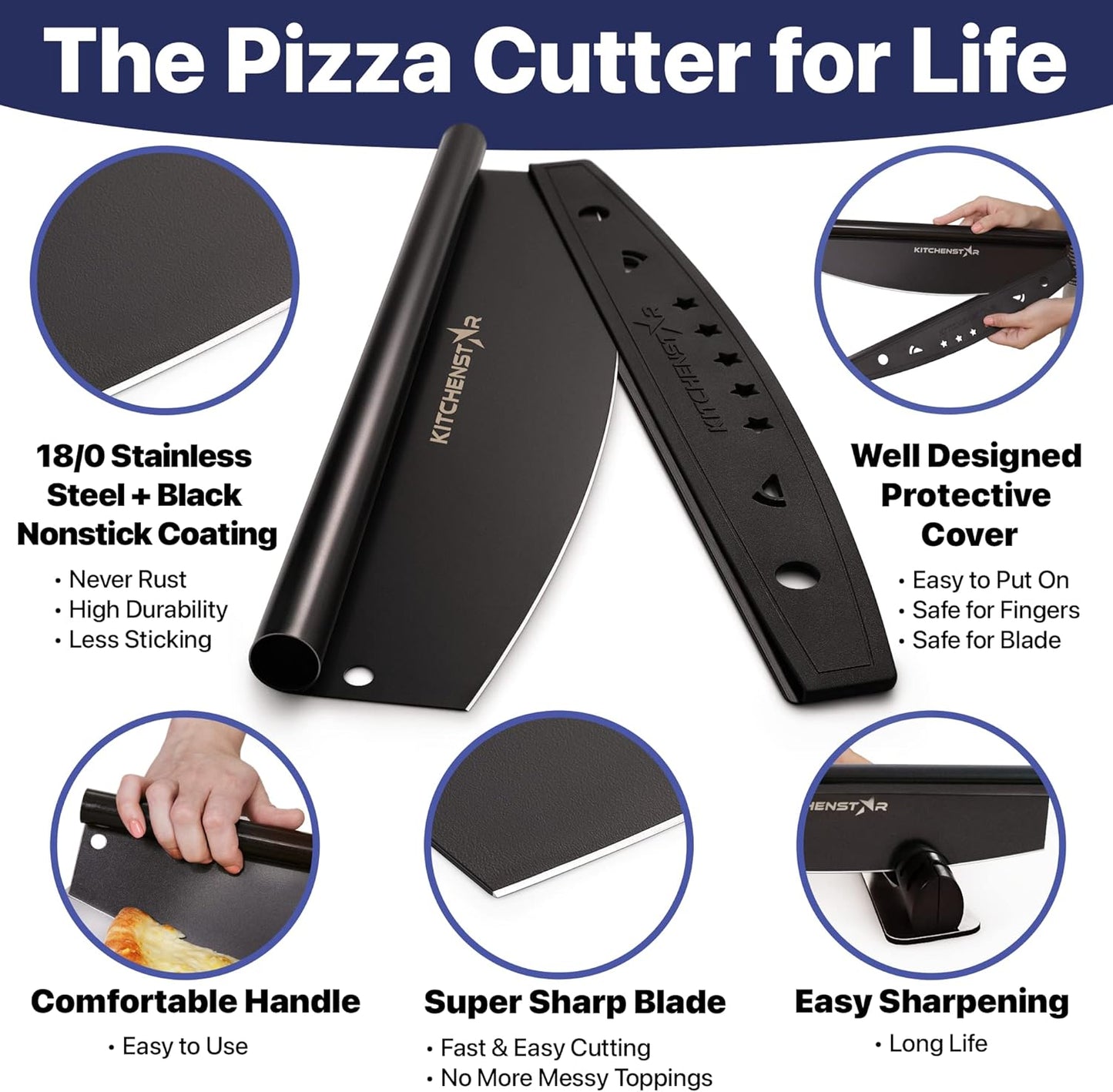 KitchenStar 14-Inch Pizza Cutter Rocker Blade - Sharp Stainless Steel Slicer Knife, Protective Cover, Dishwasher Safe, Large - Professional Pizza Oven Accessories