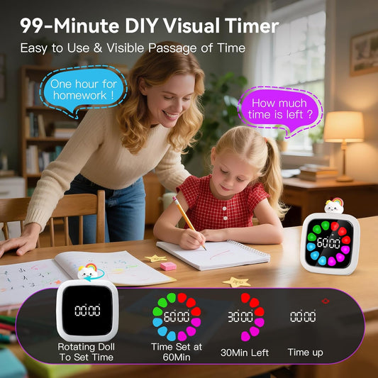 Yunbaoit Digital Visual Timer for Kids, Rechargeable 99-Minute Silent Countdown Timer with 19 Ringtones, 9 Optional DIY Color Star Display, Time Management Tool with Pause Function (Rainbow)