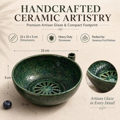 Self Spinning Washing Berry Bowl, Original Ceramic Fruit Vortex Washer with Drainage Holes, Quick Rotating Swirl Colander Basket for Kitchen Counter, Handmade Cleaning Strainer Equipment