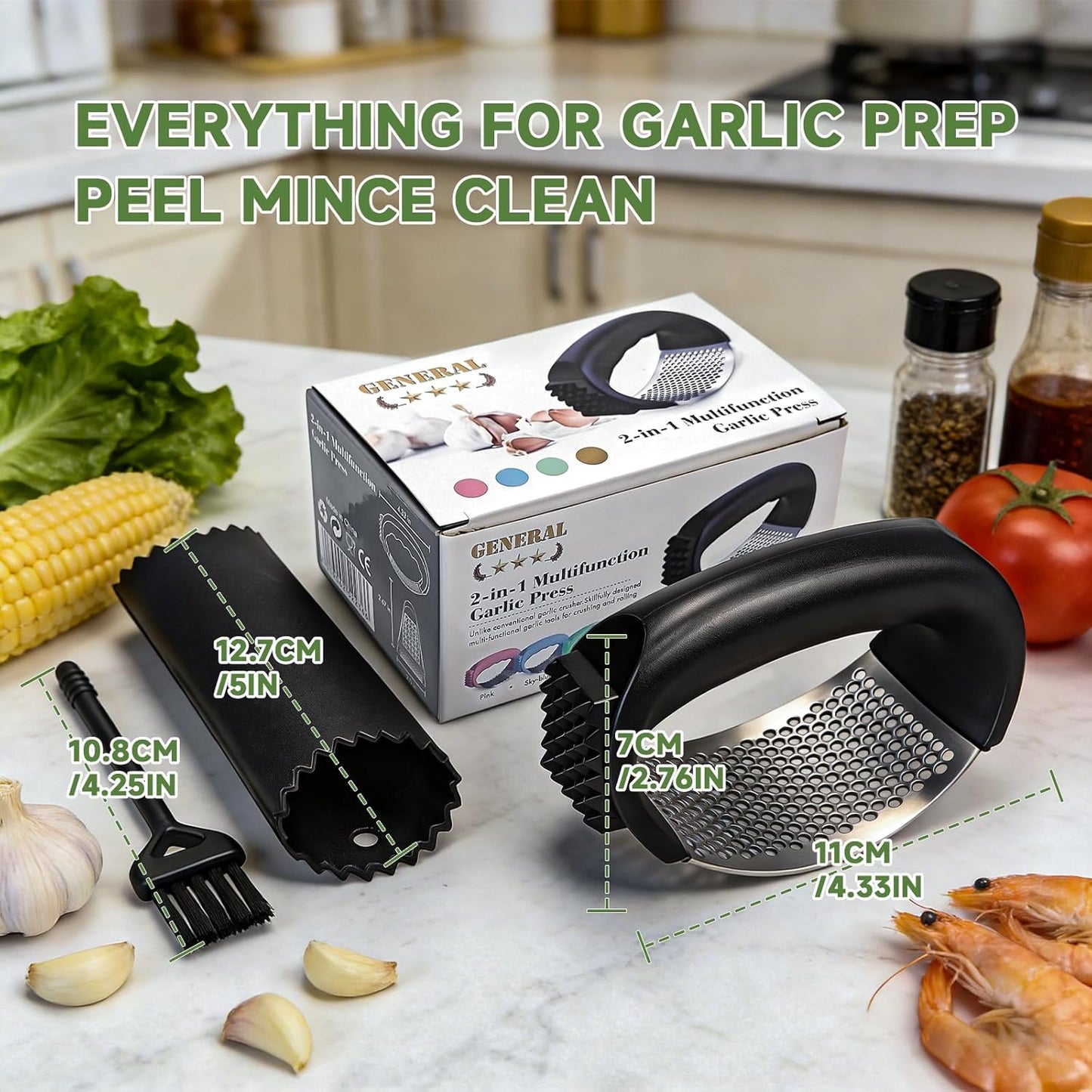 Garlic Press Rocker 304 Stainless Steel Garlic Mincer Crusher Easy to Clean Dishwasher Safe Textured End for Light Tenderizing, with Silicone Peeler and Cleaning Brush (Pink)