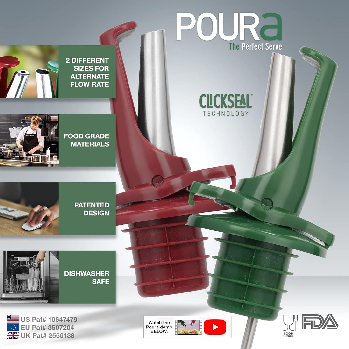 AIRTIGHT Olive Oil Pour Spout for Olive Oil Dispenser - UK Patented Oil Pourer - Hygienic One Handed Open Close Mechanism Keeps Oil Fresh. Dust Caps Cover | Screens Alternative - Green 2 PCs