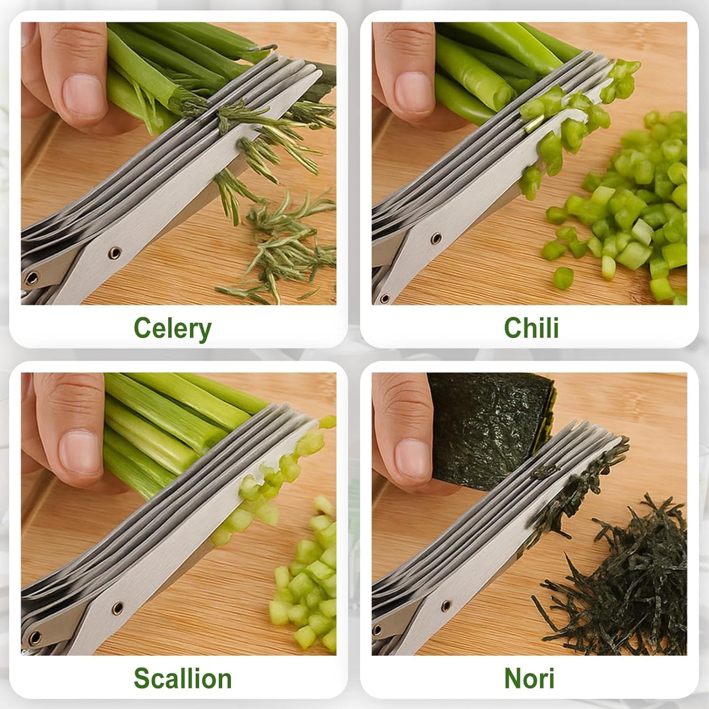 Remerry Herb Scissors 5 Blade with Cleaning Comb, Herb Stripper Bowl with 4 Hole Sizes, Cutter for Basil, Chives, Parsley, Kitchen Cutting Tool Set