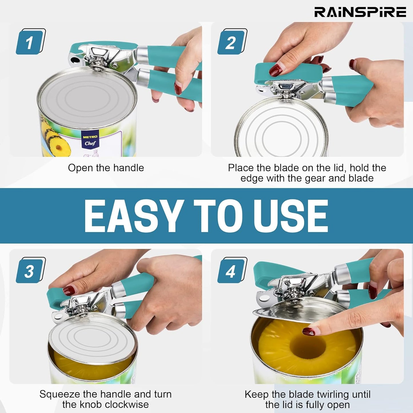 Rainspire Upgraded Can Opener Manual with Bottle Opener Smooth Edge Cut, Can Opener Heavy Duty, Comfortable Soft Handle, Built-in Bottle Opener, Black