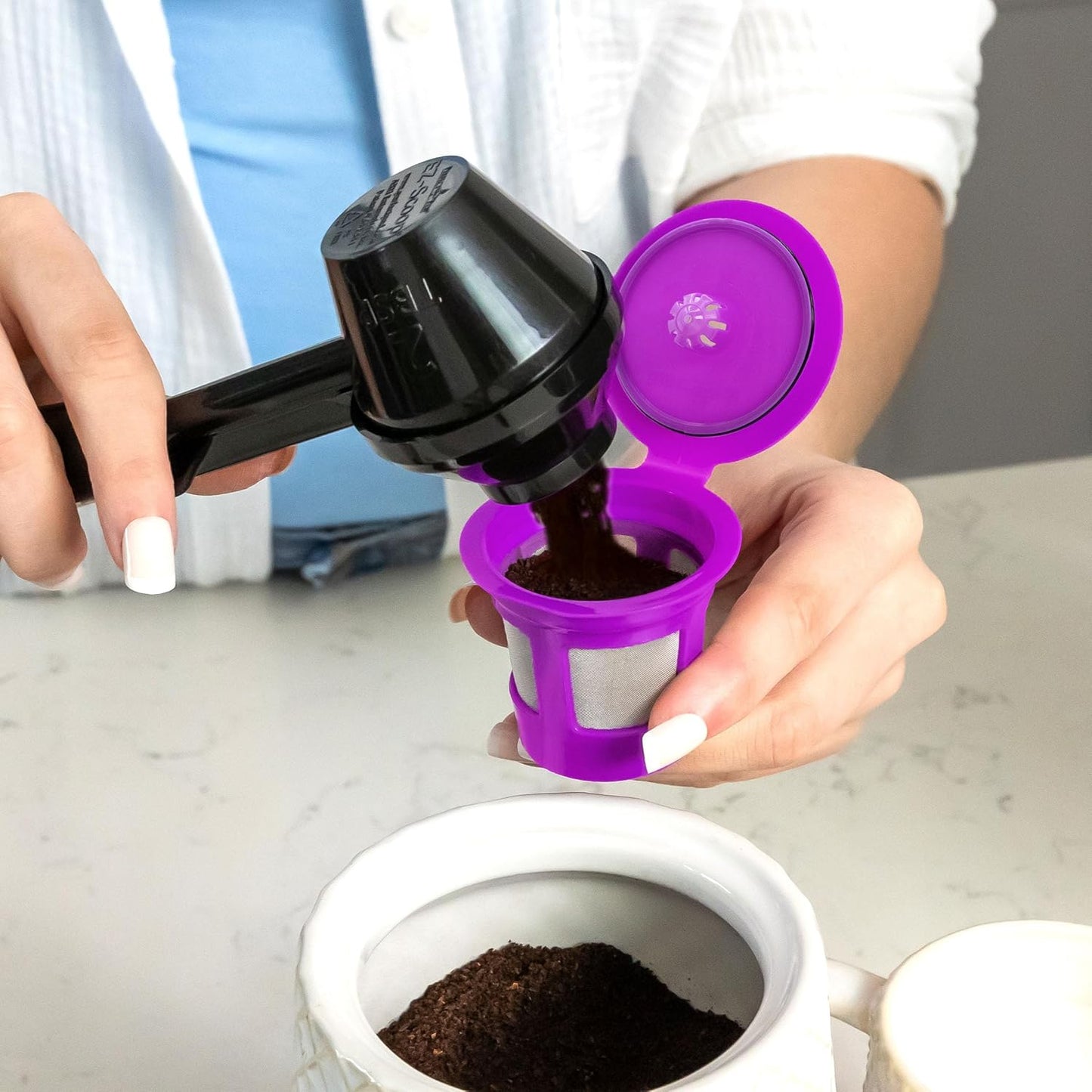 2-Item Bundle: 4-Pack Cafe Save 1-Stream Reusable K Cup Coffee Filters + EZ-Scoop 2 Tbsp Scoop with Integrated Funnel, Refillable Pod Capsule For Use with Keurig & Select Single Cup Coffee Maker