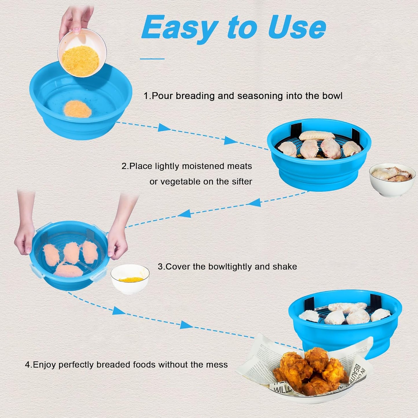 FJNATINH Collapsible Batter Bowl - Mess Free Better Breader Shaker Bowl with Lid Breading Shaker Container - Great for Fried Fish, Fried Chicken, Onion Rings, Wings & More,No Leak,Easy to Store