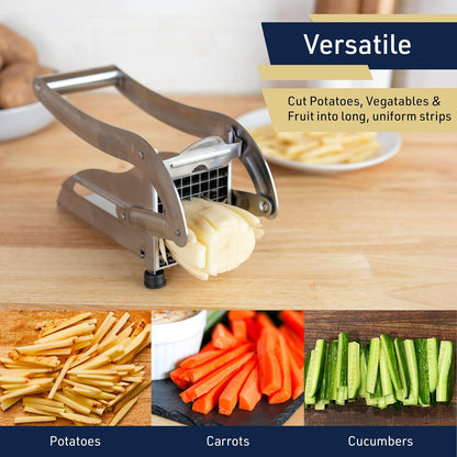 French Fry Cutter - Potato Cutter with Two Blades for Steak and Shoestring Cuts - Stainless Steel Potato Slicer with Non-Slip Suction Cups - Cooking Gadgets by Classic Cuisine