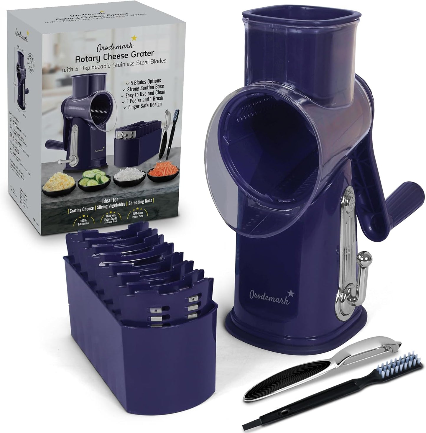Cheese Grater with Handle, 5 in 1 Rotary Vegetable Shredder with 5 Replaceable Blades & Strong Suction Base, Rotary Grater for Cheese, Veggies & Nuts, Includes Storage Box