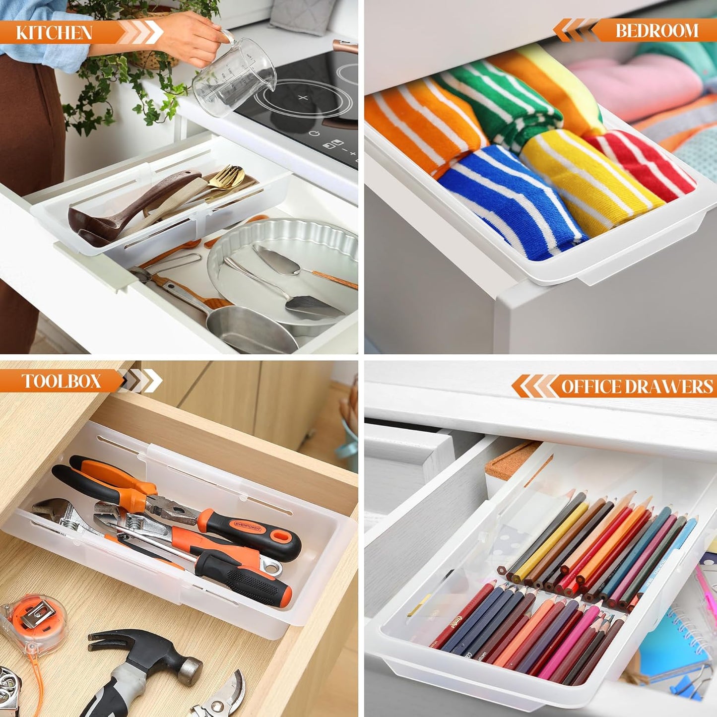 2 Pack Deep Drawer Organizer Bins, Adjustable Sliding Drawer Organizer Bin Expandable Tray for Kitchen Utensils, BBQ Tools, Towels, Durable Plastic Sliding for Easy Storage (12.4" to 18”)