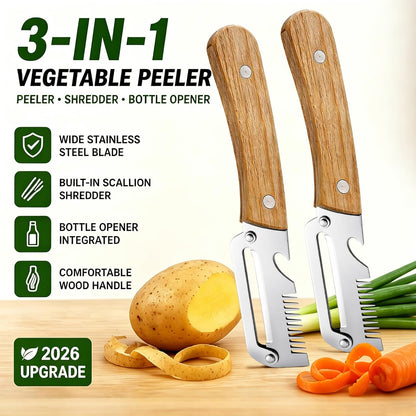 2 Pack Multi-Functional Vegetable Peeler, 3 in 1 Multi Functional Wooden Handle Peeler and Bottle Opener, Kitchen Gadgets Tool for Fruit Pumpkin Peeling Potato Carrot Veggie Peeler